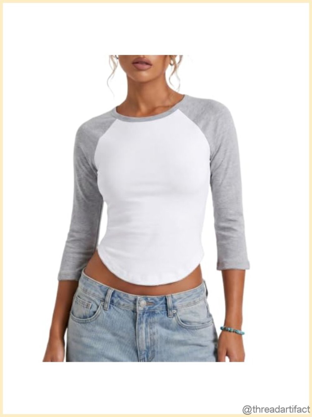 Women Y2K Color Block 3/4 Sleeve Slim Fit Curved Hem Crop Tee